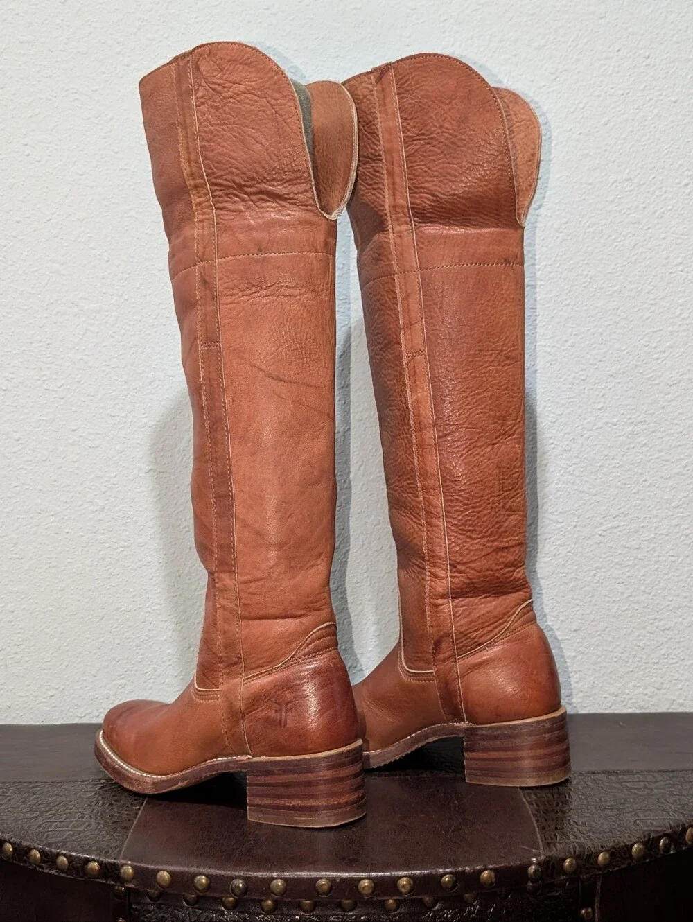 Vintage Frye Made in USA Over The Knee Leather Boots Cognac Brown Size 5.5M